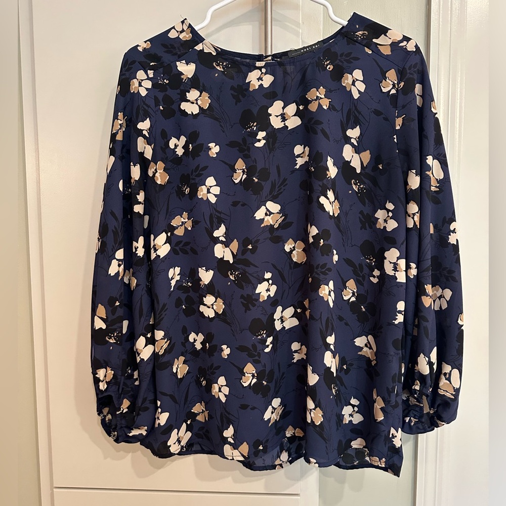 West Kei Blue and Cream Puff Sleeve Blouse